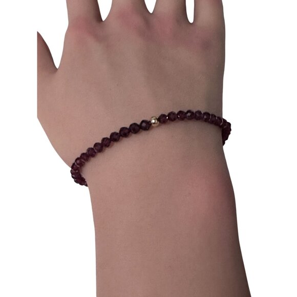 Garnet Micro Faceted Gemstone Beaded Stretch Bracelet 14K Gold Accent Bead - Picture 7 of 8